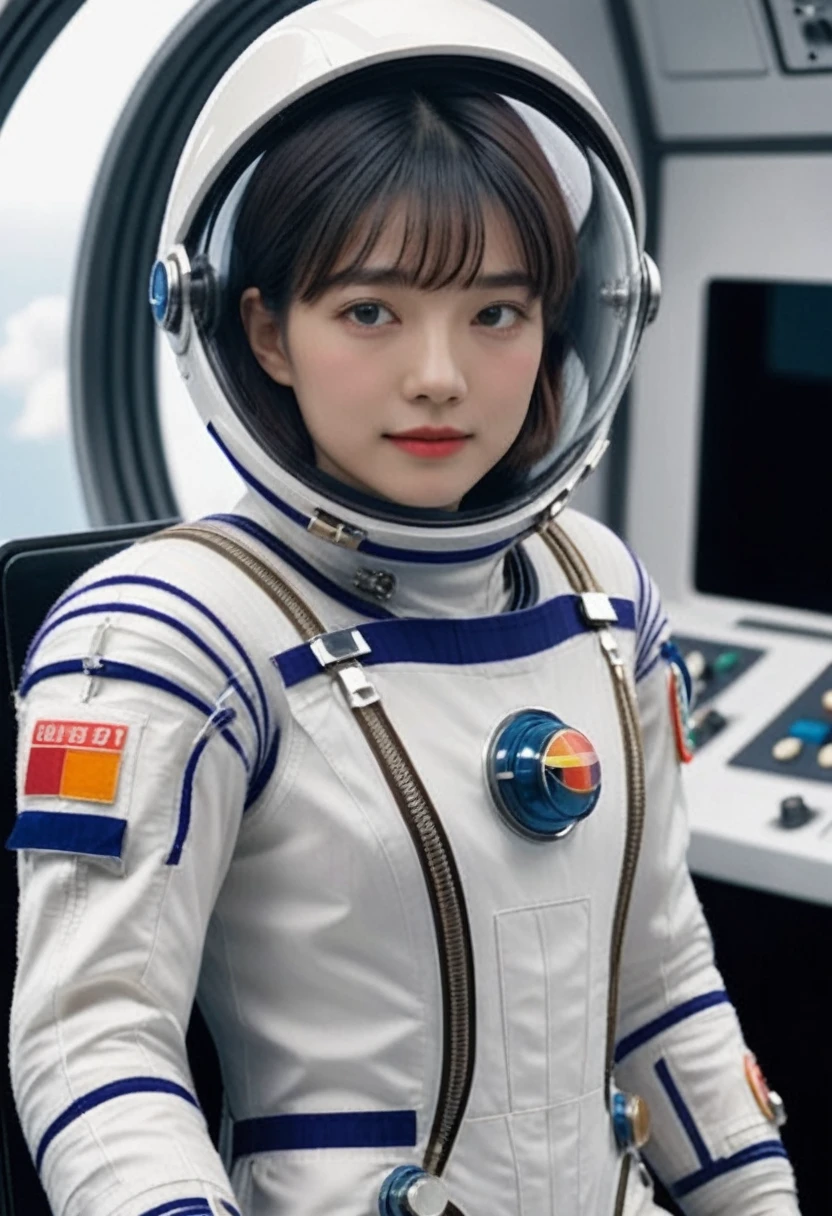 eva helm, spacesuit , astronaut), bubble helmet, space helmet, (1girl:1.1) wearing a (spacesuit:1.15), white cargo pants, (ugh, wtf do these buttons do:1.3), inside the cockpit of a (futuristic spaceship:1.1), sitting in the captains chair, (intricate control panels:1.3), (gleaming metal:1.1), surrounded by many buttons and dials and gauges, (smile:1.1), concerned, beautiful 8k wallpaper, highly advanced, (sleek design:1.3), intricate, highres, superb, 8k wallpaper, extremely detailed, intricate, short hair, from side, upper body, kafka