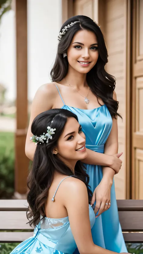 realistic upper body photo of a smiling woman and her husband, beautiful black-haired woman with long hair, a flower in her hair...