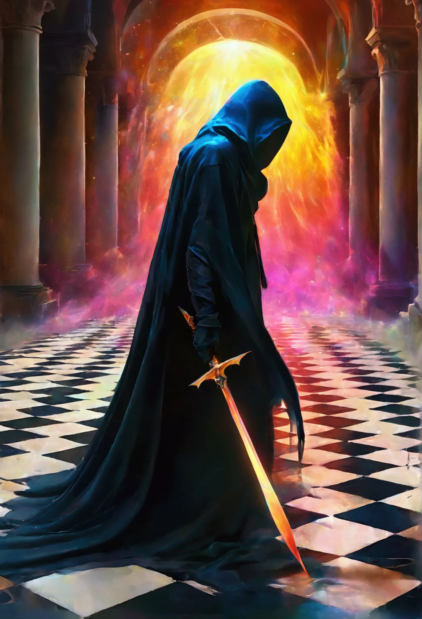 digital illustration, checkered floor falling in on itself, hooded figure coming out of crnter with dagger like claws, surreal, ...