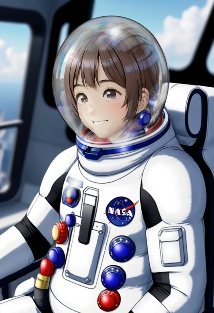 (8k, RAW photo, best quality, masterpiece), (photorealistic), outstanding details, ultra-high resolution, anatomically correct, textured skin, (Extremely precise and accurate anatomy), (wide lens effect), (Cute girl, eva helm, spacesuit , astronaut), bubble helmet, space helmet, (1girl:1.1) wearing a (spacesuit:1.15), white cargo pants, (ugh, wtf do these buttons do:1.3), inside the cockpit of a (futuristic spaceship:1.1), sitting in the captains chair, (intricate control panels:1.3), (gleaming metal:1.1), surrounded by many buttons and dials and gauges, (smile:1.1), concerned, beautiful 8k wallpaper, highly advanced, (sleek design:1.3), intricate, highres, superb, 8k wallpaper, extremely detailed, intricate, short hair, from side, upper body, kafka