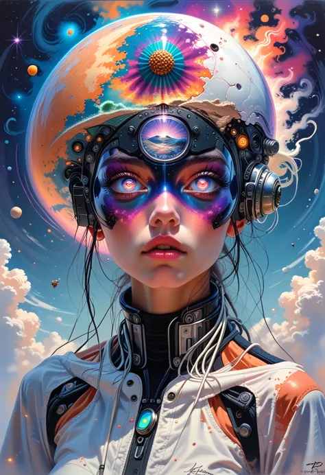 a woman stands in front of a painting depicting a planet, futuristic city in the background, psychotrance, interconnected human ...