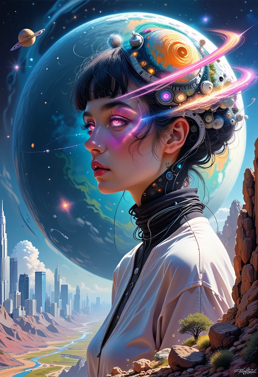 a woman stands in front of a painting depicting a planet, Futuristic city in the background, psychotrance, interconnected human lifeforms, panoramic view of the girl, Progressive Rock Album Cover, A Dream of the Infinite, Stardust, galaxy, Stoner Rock -- 16:9 -- at 5.1