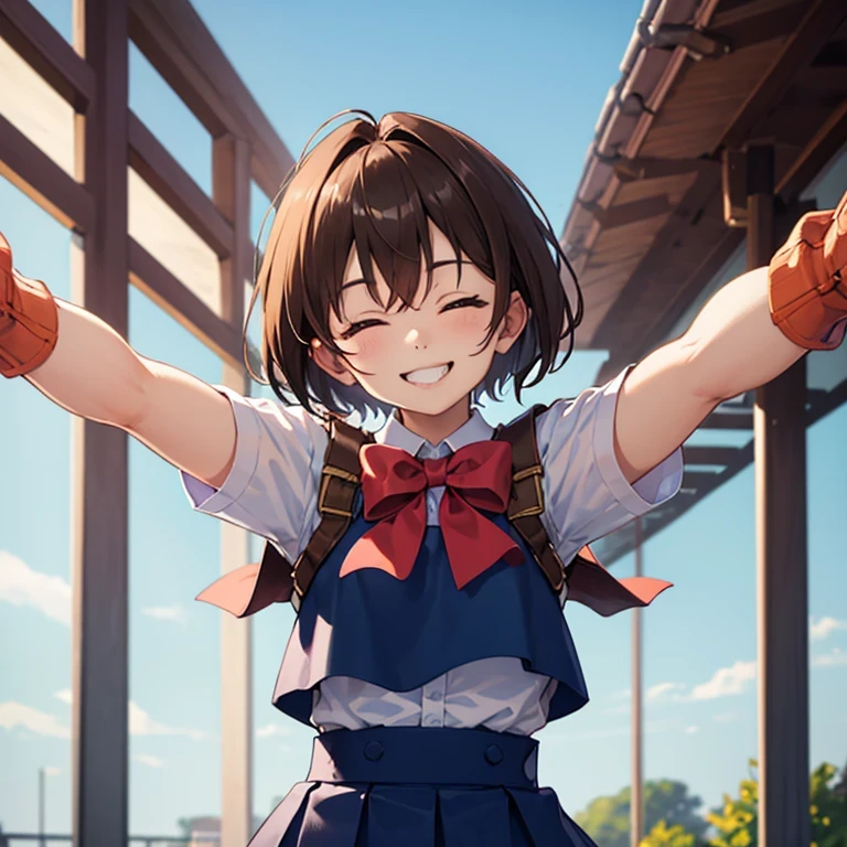 Masterpiece, top quality, young sun, bowl, white shirt, ribbon, blue vest, pleated skirt, fingerless gloves, upper body, viewer, school, outdoors, (full smile, smiling with mouth wide open, smiling with both eyes closed, arms wide open hugging viewer, expressing happiness with whole body).