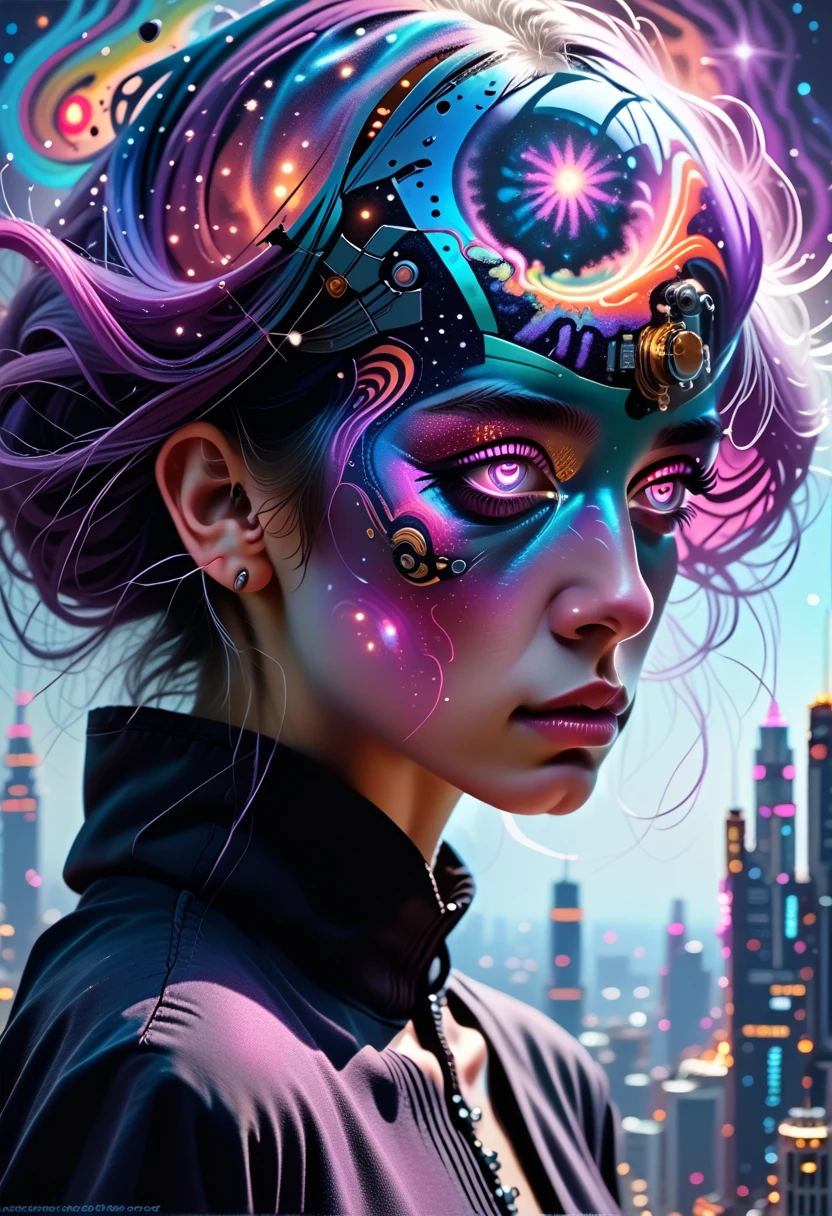 a woman stands in front of a painting depicting a planet, Futuristic city in the background, psychotrance, interconnected human lifeforms, panoramic view of the girl, Progressive Rock Album Cover, A Dream of the Infinite, Stardust, galaxy, Stoner Rock -- 16:9 -- at 5.1