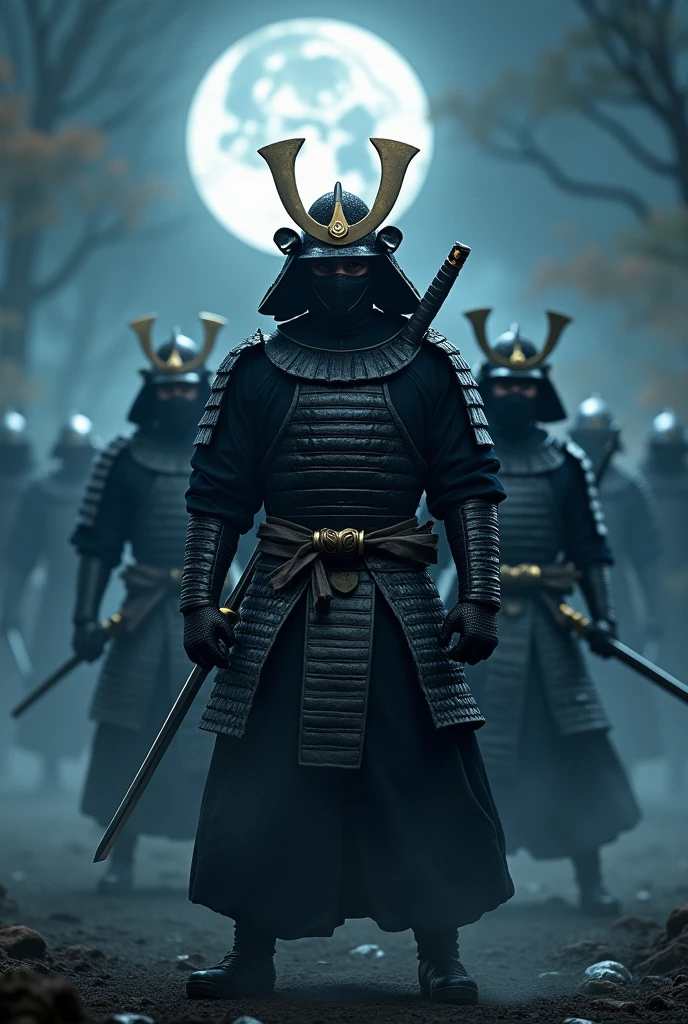 a clan of ninja warriors preparing for war, highly detailed samurai armor, katana swords, smoke grenades, dark shadows, moonlit night, dramatic cinematic lighting, hyper-realistic, unreal engine, 8k, masterpiece, ultra-detailed, intricate textures, dramatic poses, intense battle expressions, photorealistic, volumetric fog, depth of field, cinematic camera angles