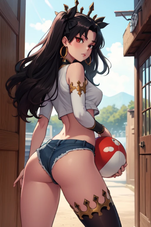 1girl, aaishtar, long hair, two side up, hair ribbon, tiara, parted bangs, hoop earrings, jewelry, neck ring, single sleeve, detached sleeves, single thighhigh, black thighhighs,  denim shorts, tank top, ass, backview, erotic and perfect goddess body, standing, anime screencap, cowboy shot, masterpiece, anatomically correct, high quality, super detail