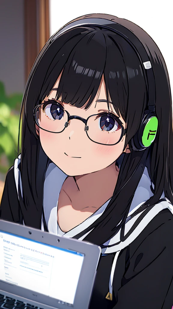 A beautiful black-haired girl studying at a desk using a laptop、Glasses、headphone、cute、Side Angle、Vision、