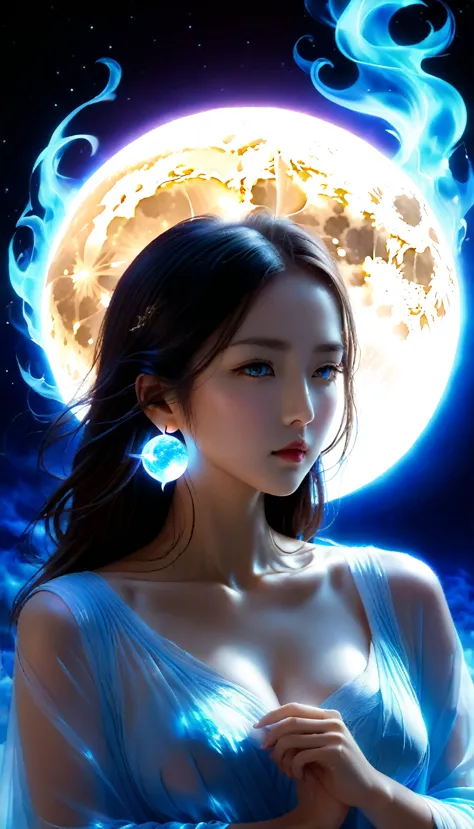 made by ais-rcn, 8k photo, "words, a full moon burning with a big blue flame,, transform your thoughts into delicate works of ar...