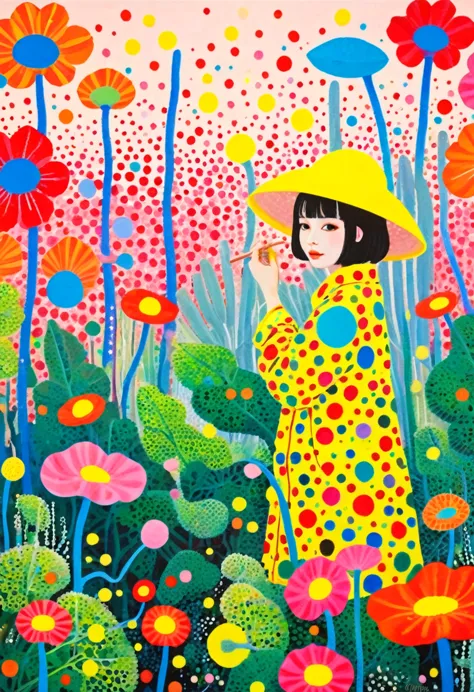 a painting，inspired by yayoi kusama：((（dichondra micrantha urban）)), bright colors,  cute的, bright colors，cute,beautiful art,  w...