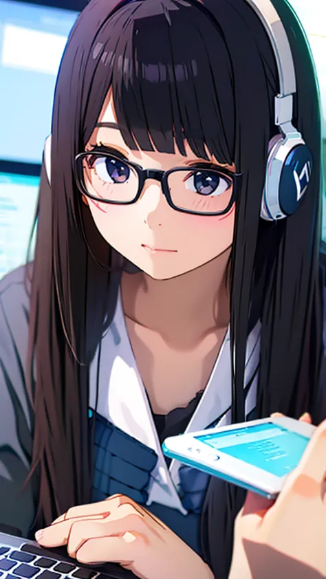 a beautiful black-haired girl studying at a desk using a laptop、glasses、headphone、cute、side angle、pop background、