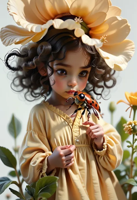 black skin tone of a child, black curly hair, dark brown eyes, yellow dress with flowers, i hold a ladybug in my hand, silver ba...