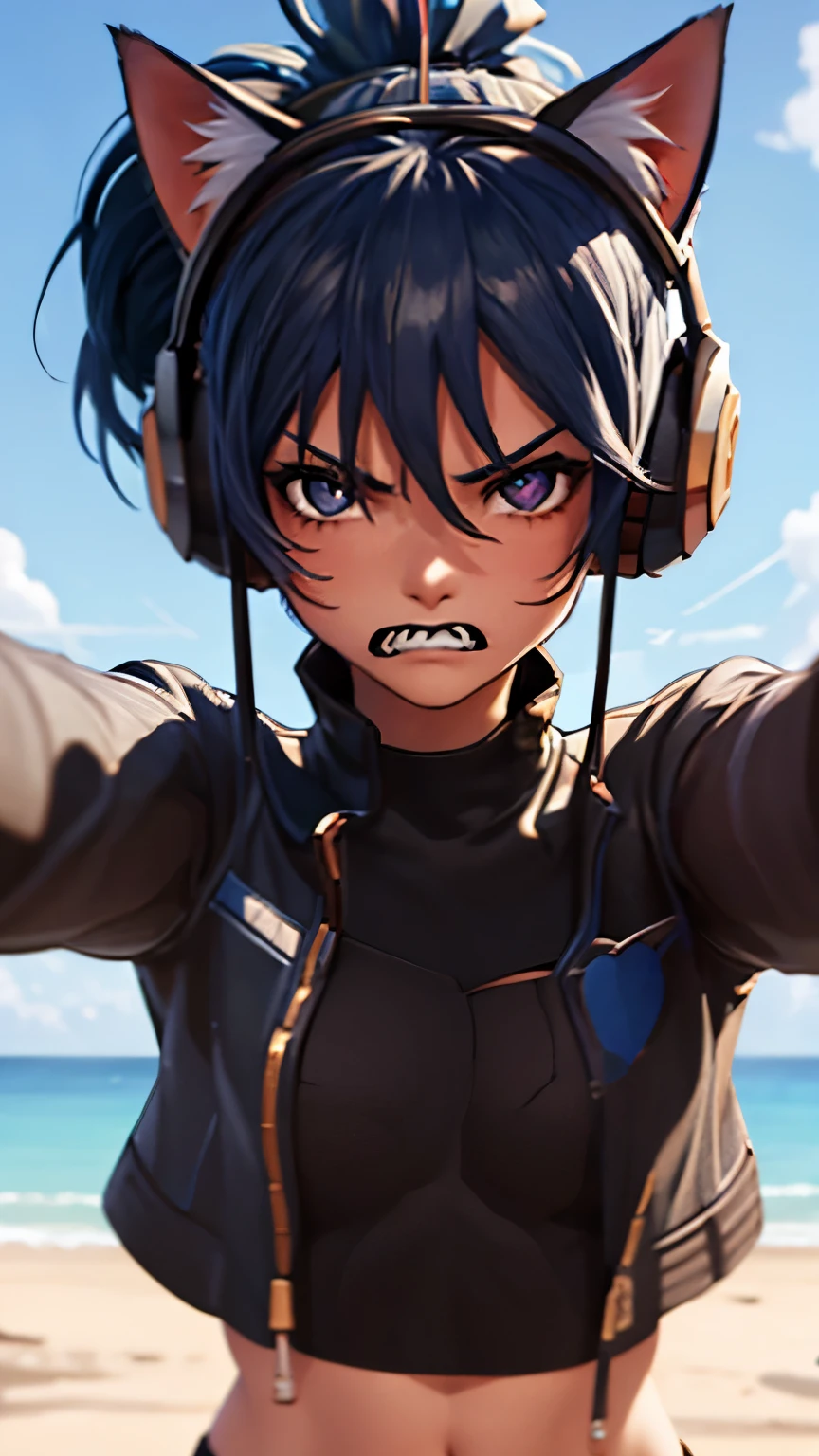 SplitScreen, split screen, Beach background, 2D, 1girl, heart-shaped pupils, heart-shaped_pupils, blue hair, ponytail, short hair, blue eyes, eyeshadow, (blush:1.1),upper body,heart, (speed lines:1.1),medium breasts, outstretched arms, love, heart, black jacket, jacket crop top, navel, cat ears headphones, black crop top, purple lips, angry, ((clenched teeth:1.2)), looking at viewer, facing viewer