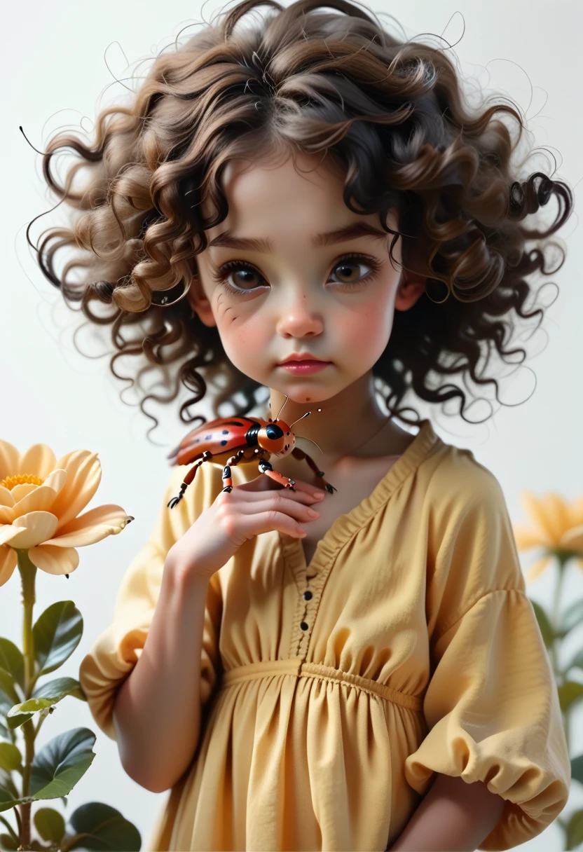 black skin tone of a child, Black curly hair, dark brown eyes, yellow dress with flowers, I hold a ladybug in my hand, silver background, 8 K, 3d.