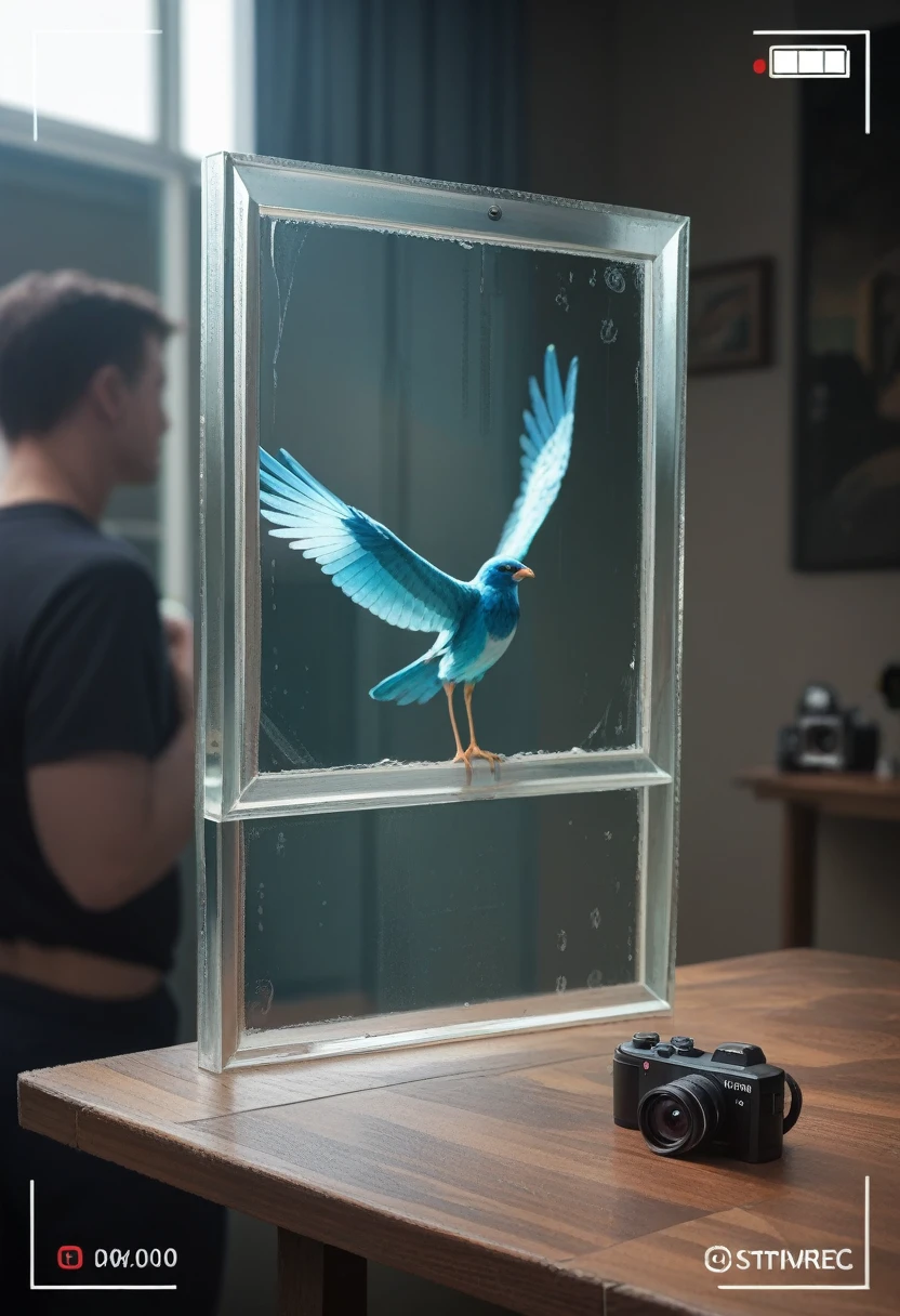 A bird made of glass with wings made of glass that show blue and green colors. (camera view:1.3), background table in the room, ((masterpiece, Highest quality, Best image quality, High resolution, Realistic, RAW Photos, 8k)), ((Highly detailed CG synthesis 8k wallpaper))