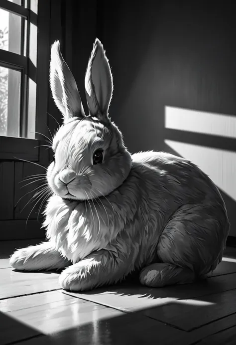 monochrome, pencil sketches, randomly placed stuffed rabbit, delicate and dynamic textures, contrasts of light and shadow, 2.5D, artistic photography, hyper realistic, graphic CG digital art, ultra detailed, absolutely resolution, best quality