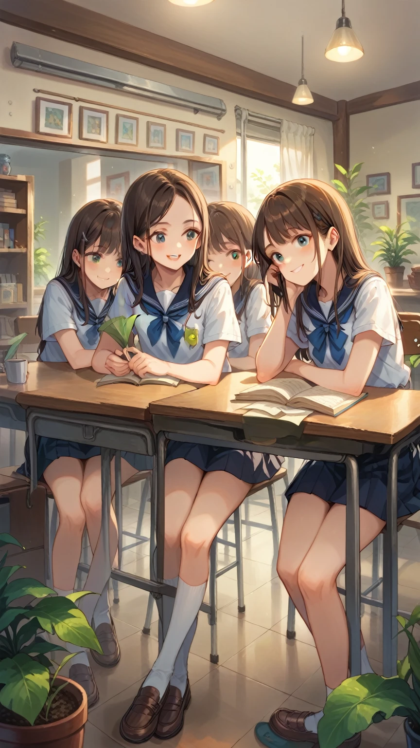 Three friends sitting side-by-side at a high counter, likely engaged in reading a book together. They wear school uniforms comprising white short-sleeve shirts and dark skirts. The background features a modern, stylish room with an exposed brick wall, adorned with well-lit mirrors, imparting a cozy and contemporary atmosphere. Indoor plants in the foreground add a touch of nature to the setting. The light appears soft, emanating from the mirrors and distributing gentle shadows, contributing to a warm and inviting ambiance,smile,