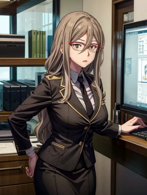 Mizuki Nakahara from Lycoris Recoil, wearing a office suit, black colour tight skirt, at an office , wearing spectacles, high quality, detailed