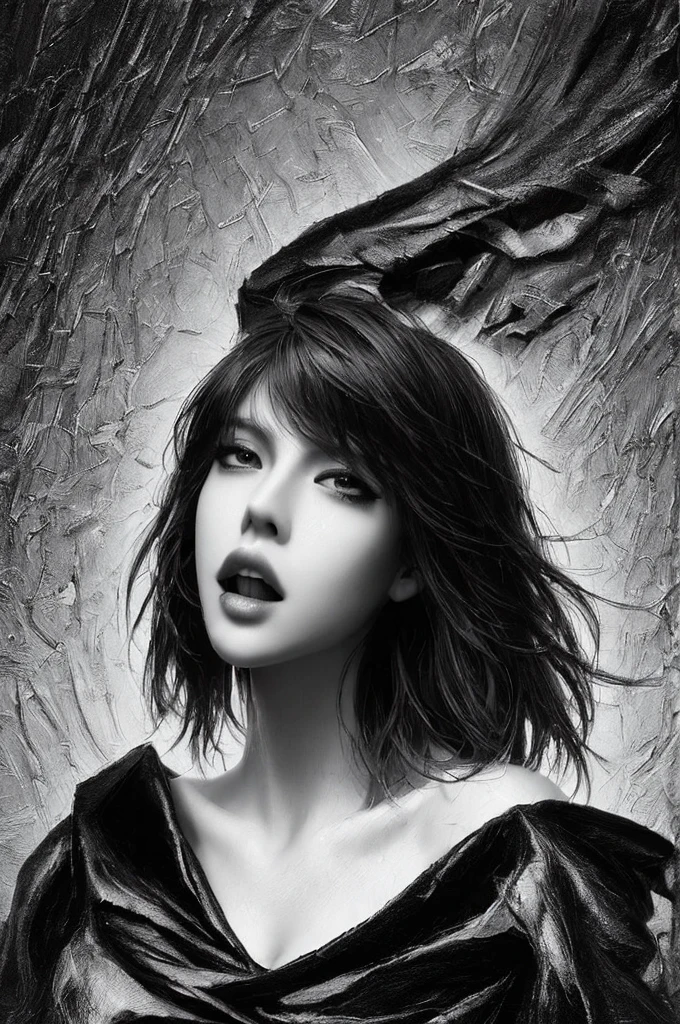 1 girl, short red hair, short spiky pixie cut, wild ruffle, dungeon, dark, dimmed light, gothic, dark erotic fantasy, off shoulder black sweater, lace choker, big breasts, exposing deep cleavage, sexy, licking lips, ahegao, rolling eyes