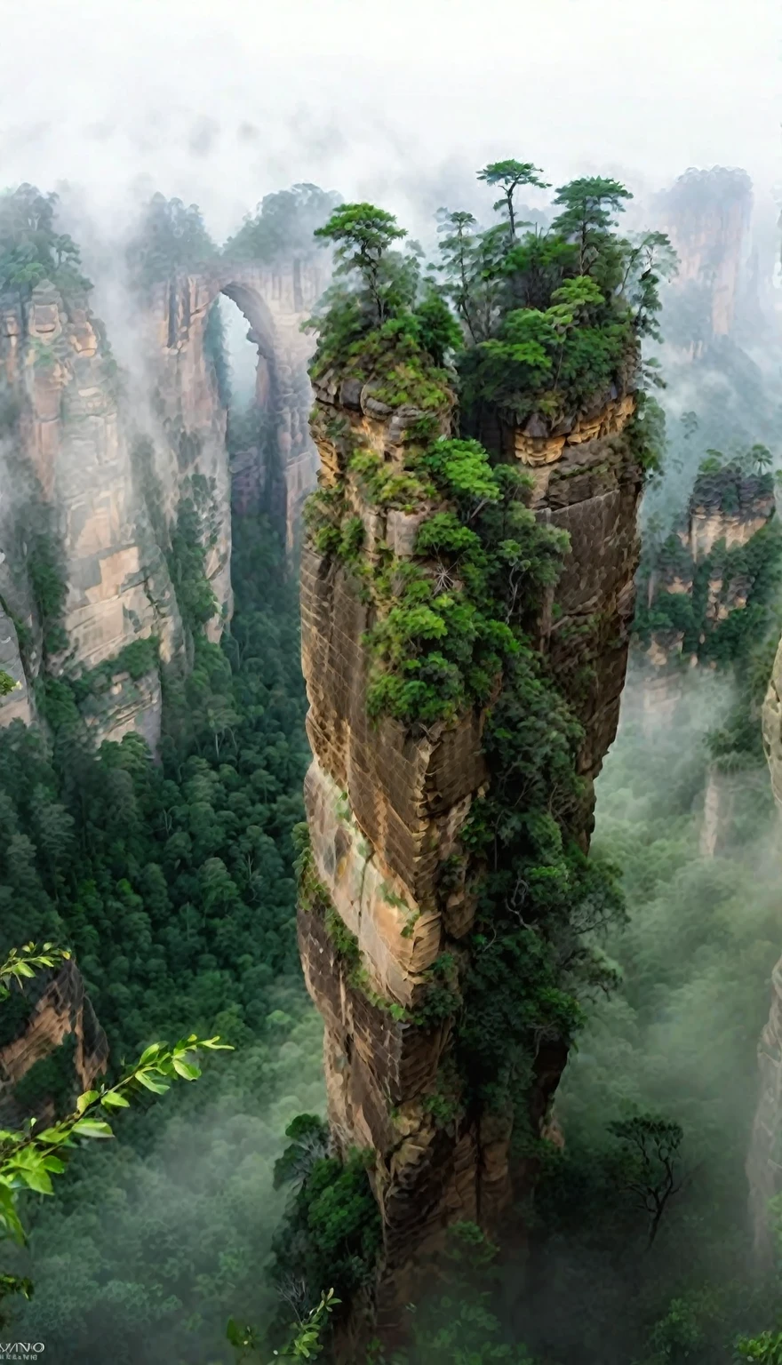 Towering sandstone columns, Lush vegetation, Scattered pine trees, Foggy, Mountain Arch, Steep cliffs, Peaceful atmosphere, mystery, natural scenery, outdoor, Foggy sky, Natural Lighting, Soft shadows, panoramic, Green tint, Rich texture, Big view.