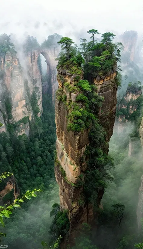 towering sandstone columns, lush vegetation, scattered pine trees, foggy, mountain arch, steep cliffs, peaceful atmosphere, myst...