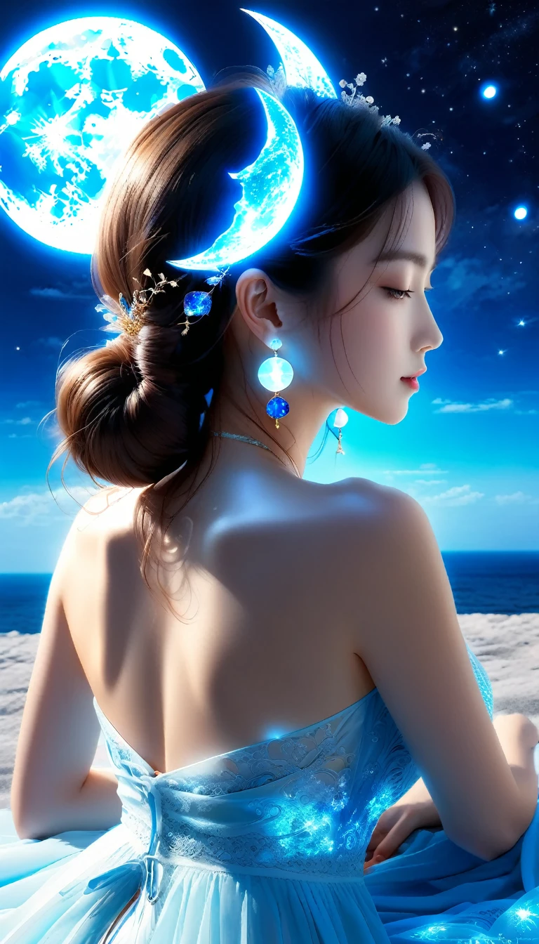 Made by AIS-RCN, 8K Photo, "words, Big light blue full moon,, Transform your thoughts into delicate works of art.", Supple, Black light、