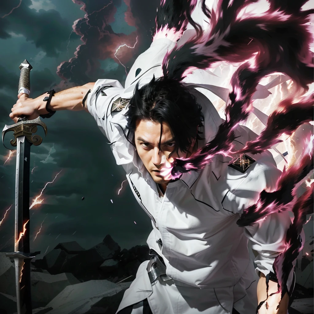 Intense action pose with a raised sword, determined expression, black swirling energy, white torn uniform, vibrant and dynamic scene, dark and stormy atmosphere.