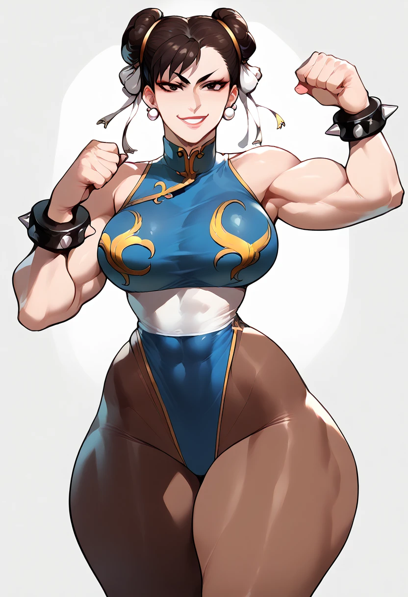 Chun-li desnuda, dynamic pose, smirking, big hips, big ass, big thighs, toned thighs, big breasts, posing, 