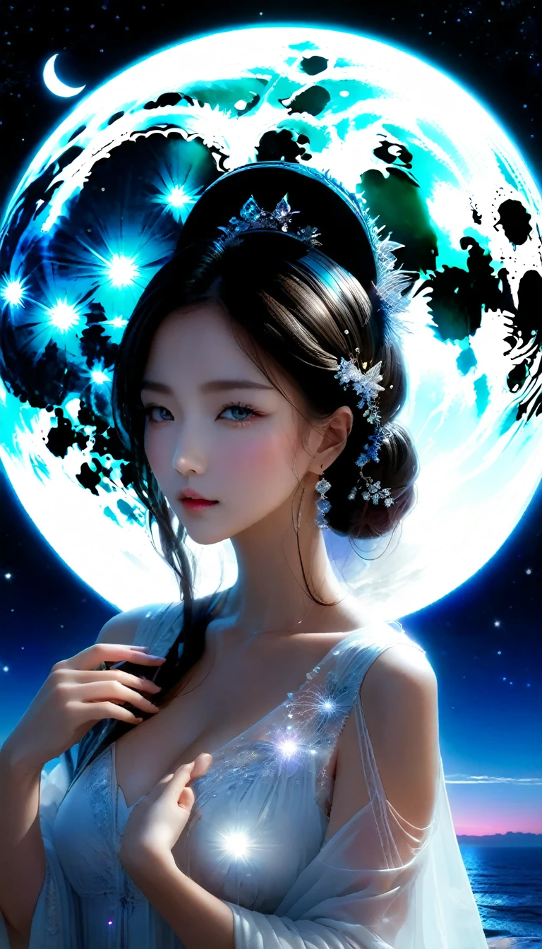 Made by AIS-RCN, 8K Photo, "words, A big, clear, full moon,, Transform your thoughts into delicate works of art.", Supple, Black light、