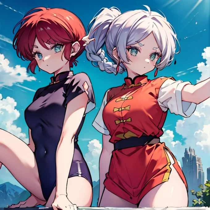 2girls, kung fu master teaching full,BREAK,ranma, chinese outfit,BREAK,frieren, school swim suit