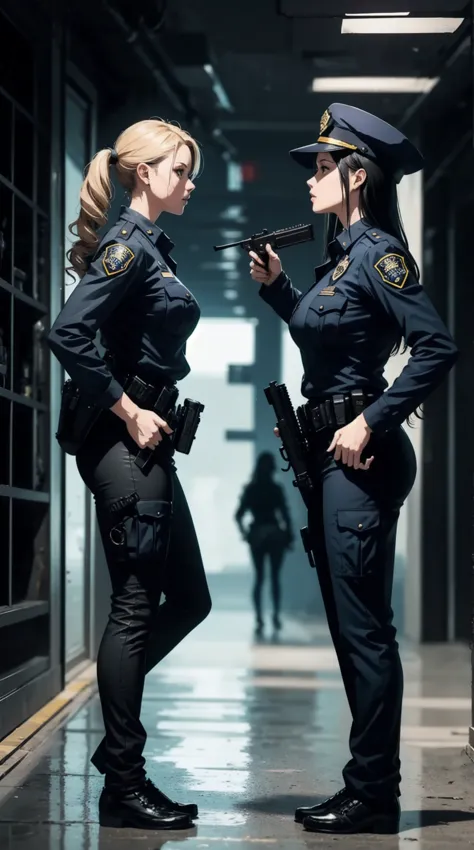 ,two female police officers pointing guns at each other,