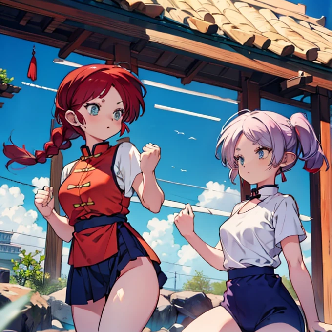 2girls, kung fu teaching full,BREAK,girl1, ranma,red hair, chinese outfit,big breast, BREAK,girl2, frieren, white hair, school swimsuit, small breast,