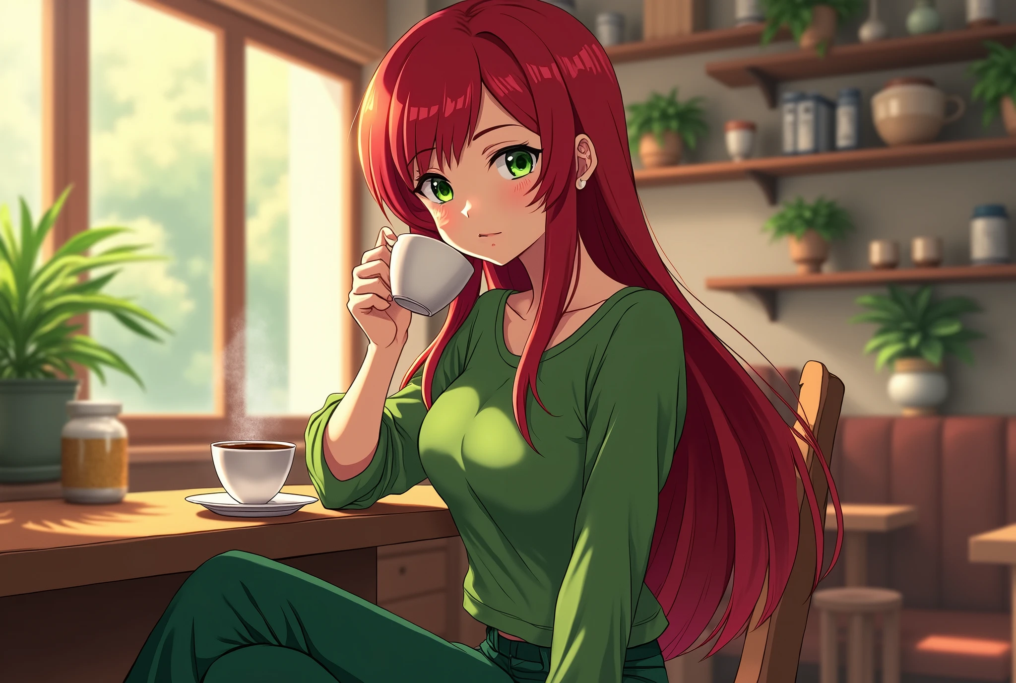 ((masterpiece)), Highest quality, 4k, ((anime style)), ((ultra-detailed)), 1girl, (red hair), (long straight hair:1.2), (short bangs, left-parted bangs, and right hard swept bangs:1.2). (applegreen eyes:1.2), (large breast:1.1), (green t-shirt and green wide-leg pants:1.2), (long sleeve:1.1), (Coffee Shop:1.3), drinking tea,