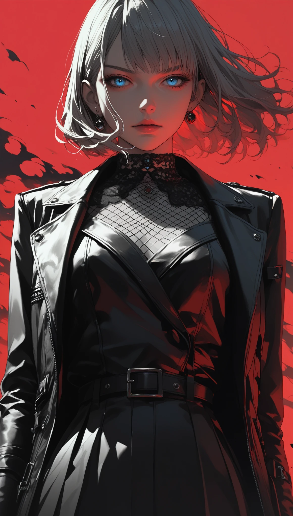 score_9, score_8_up, score_7_up, score_6_up, dark theme，sinozick style，
(high contrast，anime coloring，greyscale with red colored background:1.5),leather jacket,leather choker,(1 elegantly dressed aristocratic girl),dark theme,1girl,leanning forward,(Depth perspective:1.4),(cowboy shot),(front view:1.9),(blue fire eyes(/organ/):1.2),dynamic pose,
