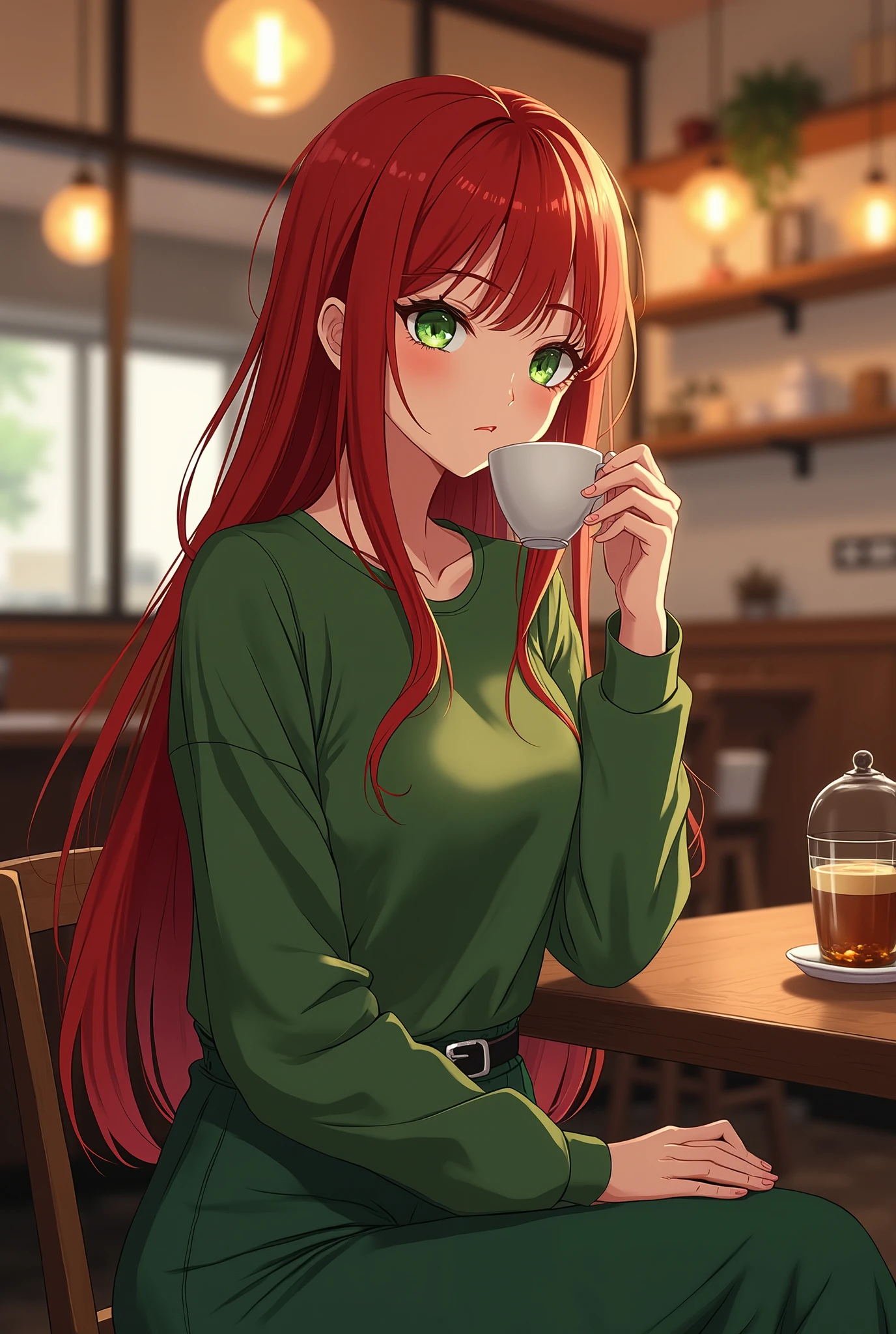 ((masterpiece)), Highest quality, 4k, ((anime style)), ((ultra-detailed)), 1girl, (red hair), (long straight hair:1.2), (short bangs, left-parted bangs, and right hard swept bangs:1.2). (applegreen eyes:1.2), (large breast:1.1), (green t-shirt and green wide-leg pants:1.2), (long sleeve:1.1), (Coffee Shop:1.3), drinking tea,