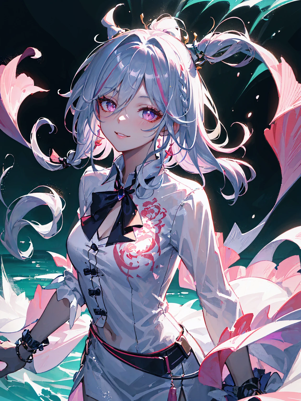 a close up of a woman with pink hair and a white mask, beautiful character painting, guweiz, artwork in the style of guweiz, white haired deity, by Yang J, epic exquisite character art, stunning character art, by Fan Qi, by Wuzhun Shifan, guweiz on pixiv artstation, Masterpiece, Best Quality, Waterfront, Banquet, 1 Woman, Mature Woman, Elegant, Chinese Style, Ancient China, Sister, Royal Sister, Happy, Meatball Head, Light Brown Hair, Pink Eyes, Gorgeous Headwear, Light Pink Lips, Pink Clothes, Yarn like Clothing, Intellectual, Full bangs, Flat bangs, Flower Ball, Face Delicate,Updo, a very beautiful girl, happy girl, clear waterfall, cool waterfall, detailed body, perfect anatomy, (collared shirt:1.3), collarbone, (white office shirt:1.3), (see through:1.4), (see through shirt:1.3), pink skin, blue eyes, glowing hair, detailed face, blushing, shy, cute, red lips, sharp eyelashes, cute smile, 1girl, female water spirit, water-colored hair, spring water inside, a few drops of water on the skin, extremely detailed face and eyes, (extremely long hair:1.4), (long floating hair:1.4), dynamic pose, detailed iris, sparkle eyes, star in eyes, (enchanting red eyes:1.3), (multicolored eyes), (light purple hair:1.3), (floating hair:1.3), (hair between eyes), (hair over one eye:1.3), (floating hair:1.3), hyper detailed, realistic, photorealistic, highly detailed, masterpiece, vibrant colors, glowing skin, soft lighting, ethereal, serene, magical, fantasy, digital art, concept art, realistic model, highly detailed, natural scenery, cgi, 8k resolution, masterpiece, photorealistic, photo-realistic, physically-based rendering, extreme detail description, vivid colors, studio lighting, ultra-fine painting