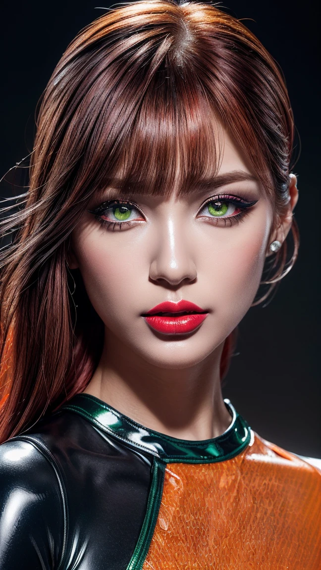 Photorealism 16K Realism, (Ultra-realistic body proportions, Anatomically correct:1.3), ((Ultra-fine digital art)), (A beautifully drawn face), (明るいgreen白い顔色). break, ((Small round head)), (The most absurd quality perfect eyes), (so beautiful, Slim and sharp features), (Best HD Brown_Purpose 1.25), (Ultra-realistic and sharp real human eyes), ((tired and sleepy and satisfied:0.0)), ((Close-up of a woman's eyes:1.25)), Perfect round eyes, ((Detailed pupils:1.3)). break, (Detailed lips:1.3), pink_compensate:1.3, (length_green_eyeliner:1.3), (red_lipstick:1.35),((Perfect darkness_eye shadow:1.45)), ((super detailed professional compensate on eyes)), (Detailed nose:1.2), (Highest Quality Real Texture Skins:1.3), (red hair((Bangs combed to both sides)), Intricate details:1.3), Beautiful cheekbones, Dramatic lighting, ((Perfect composition)), green白い肌, ((dry skin)), Only one woman, ((Unconventional Skirt, Orange transparent PVC:1.2)), Detailed Background, Dynamic pose, ((No decoration in hair)), (Dark Shot:1.1), (Firm, normal, full breasts),
