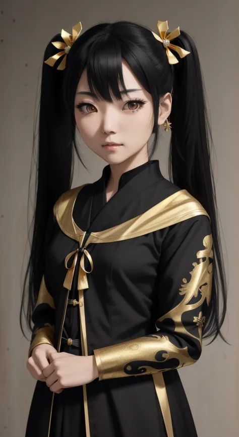 a japanese woman, (college age), long straight twin tail, black hair, (gold color eyes), black gothic dress, serene, realism, uh...