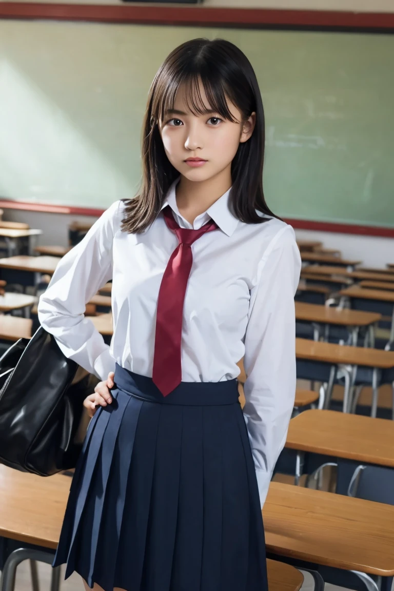 Highest quality,Ultra-high resolution,high school girl,1 person,whole body,Black Hair, Cool look,Looking into the camera,Beautiful Skin,High School Uniform, tie,Small breasts,Check skirt,Classroom after school,Standing pose