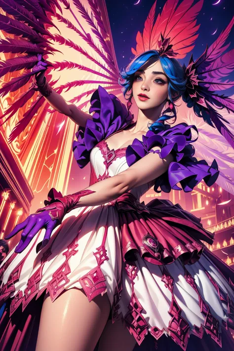 gwen at the masquerade wearing a masquerade mask with feathers and beautiful red and purple dress dynamic spinning pose high up ...