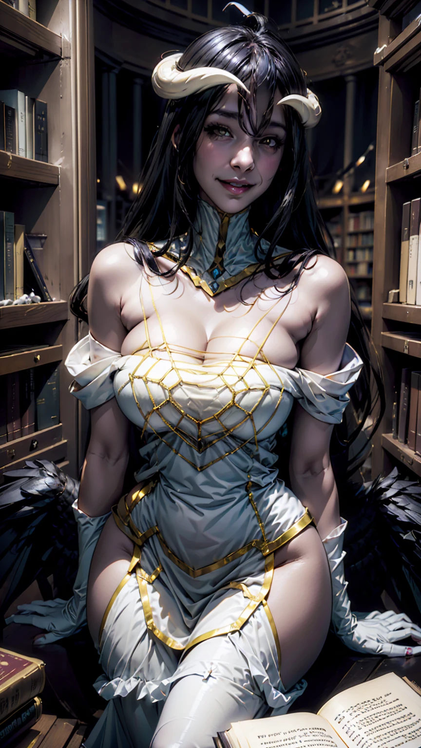 a woman sitting on a chair in front of a bookshelf, smiley face smile on face, huge breasts, hot body curves, beautiful flowers, black hair, book library studying, bookshelves, book shelves, book, white map library, in a ravaged library, in a library, reading for a , library, in a white boho style studio, book shelf, in opulent library, reading, beautiful adult book fairy