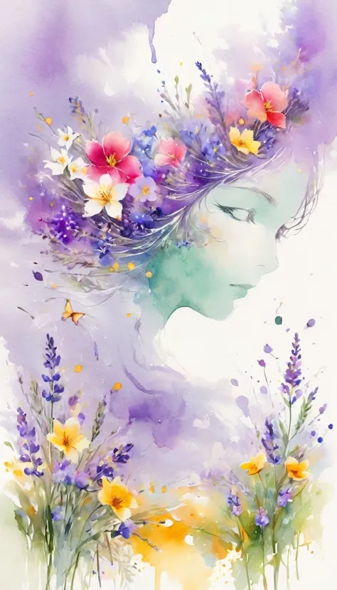 this watercolor flower painting shows an elegant and fresh visual effect.。fields of wildflowers and lavender，forming the perfect...