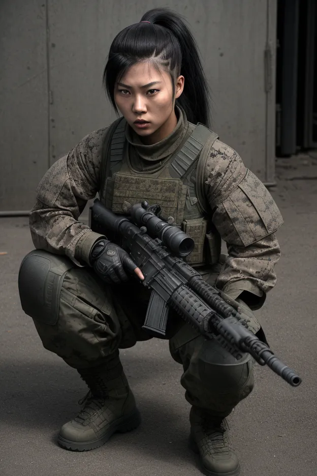 bleak gritty action edgy so much swagger trained marine corp militant asian female solider with serious expresion with an attitu...