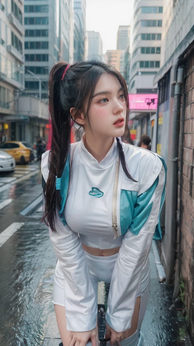 masterpiece, best quality, ultra-realistic, close-up shot, a young woman, (medium big breast), futuristic female android stands confidently in a narrow urban alley, wearing a form-fitting, sleek white and black robotic suit. The suit features red accents and intricate detailing, highlighting its high-tech design. She has long, turquoise hair styled in playful pigtails and wears cat-ear headphones. The wet pavement reflects the surrounding buildings, adding to the atmospheric setting of a vibrant, cyberpunk-inspired street scene.
