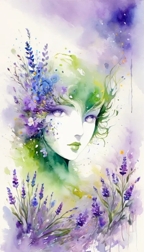 a watercolor painting of a wildflower field and lavender, with an elegant and fresh visual effect. the composition features a wh...