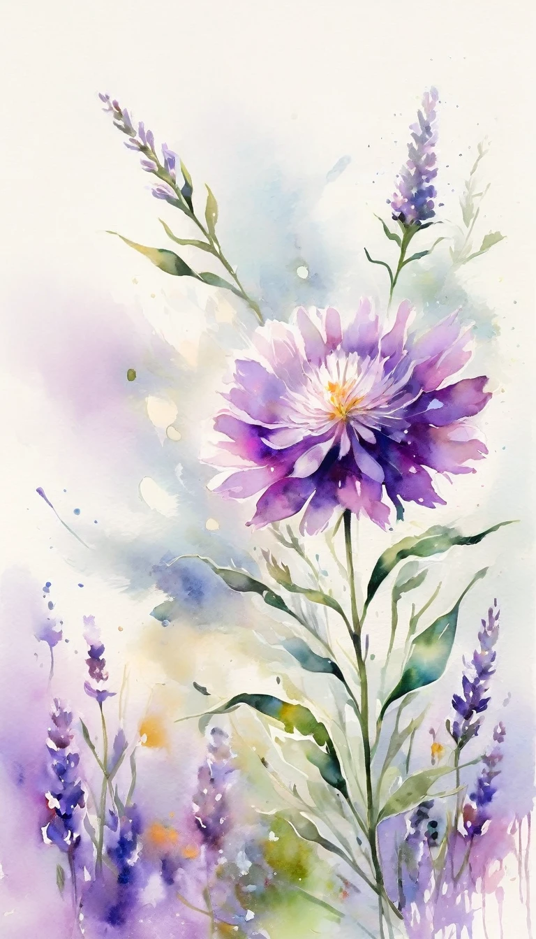 A delicate watercolor painting of a single flower from a wildflower field and lavender, isolated on a white background. The composition uses ink splash techniques to evoke a moist and ethereal atmosphere, creating a mysterious, dreamy effect. Soft purples and greens dominate the color palette, beautifully complementing each other. The image incorporates abstract and surreal elements, with graceful splashes adding depth and an air of elegance. The overall tone is light and sophisticated, revealing high-definition details with a restrained beauty.
