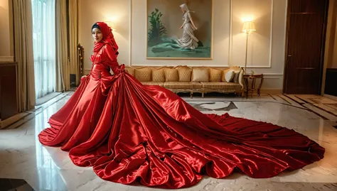 a woman shrouded in a 10-meter-long, plush red satin cloth, tightly bound and grandly draping along the form of her body, flowin...