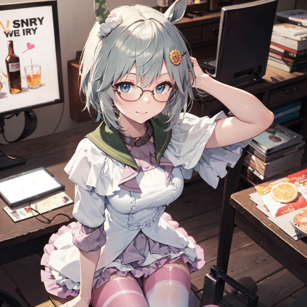 (solo、Lonely、One person)。masterpiece、uhd、Highest quality、High resolution、8 K。Shot from above、Upper Body Shot。(Horse ear woman)、hair accessory、Wearing pink glasses。Pale pink lip、cheek、looking at the camera、Open your mouth、smile。Glamour body、Big Breasts、Breast bag、White Pantyhose。Pink pretty dress、Shoulderless Dress、Short sleeve、Pink winter knitted sweater。Starry Sky。Sexy pose、Spread your knees and bend them.