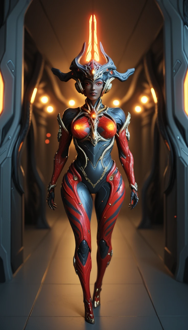 machina,robot girl,warframe,red neon stripes,robot stripes,black skin,horns,head gears,standing,pov,look at viewer,gold ornament,metal horns,lighting,masterpiece,cinematic,firery,ember