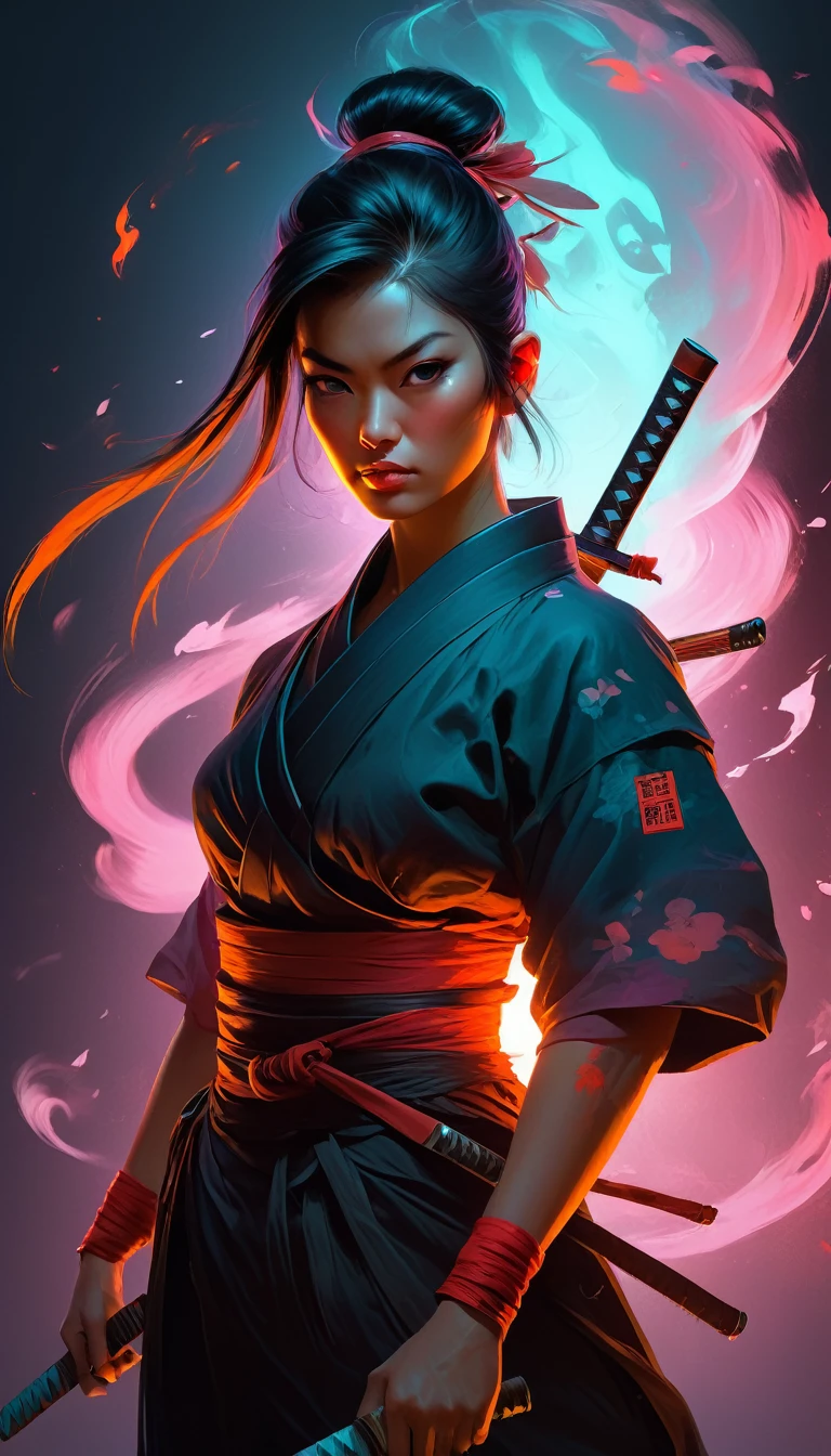 Samurai, 2 woman, hyperrealism, very detailed skin, 4k,,, AshleyWoodArtAI,, katana profile picture, Organic painting, evening, matte paint, Bold shapes, hard edges, Street art, trend in artstation, By Huang Guangjian and Gil Elvgren and Sachin Teng, glow, katana