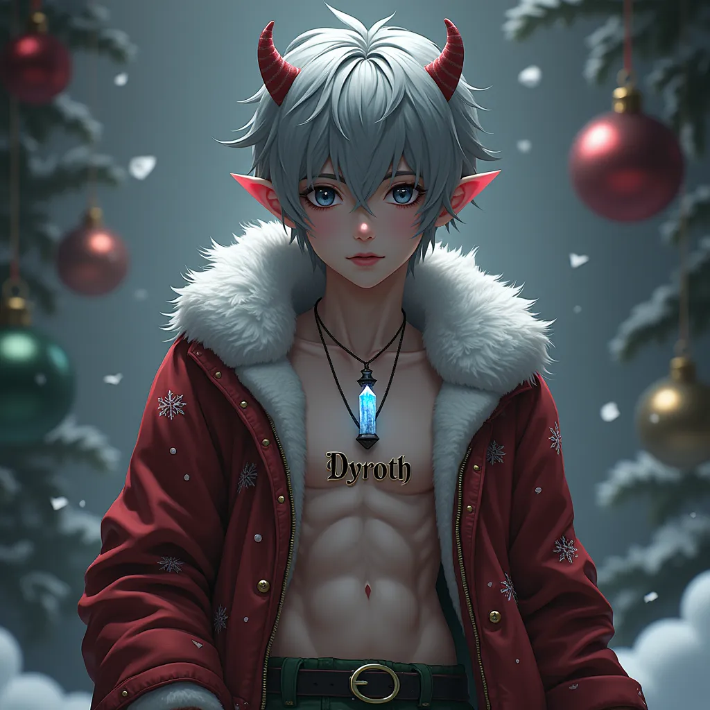 demon teen guy with demon two little  horns and short gray hair, wearing a chrismast coat and a crystal on his chest and an abs of eight and wearing a necklace with the name DYROTH written on it , And the skin color is  gray with demon background and christmas decorations and chrismast theme background gray yung skin at yung ear normal ear lang dapat yung name po palagay 